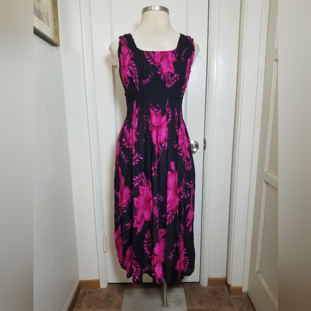 UNITY TRADING HAWAII black Pink Sleeveless Elastic Bodice Midi Dress Plus Size
